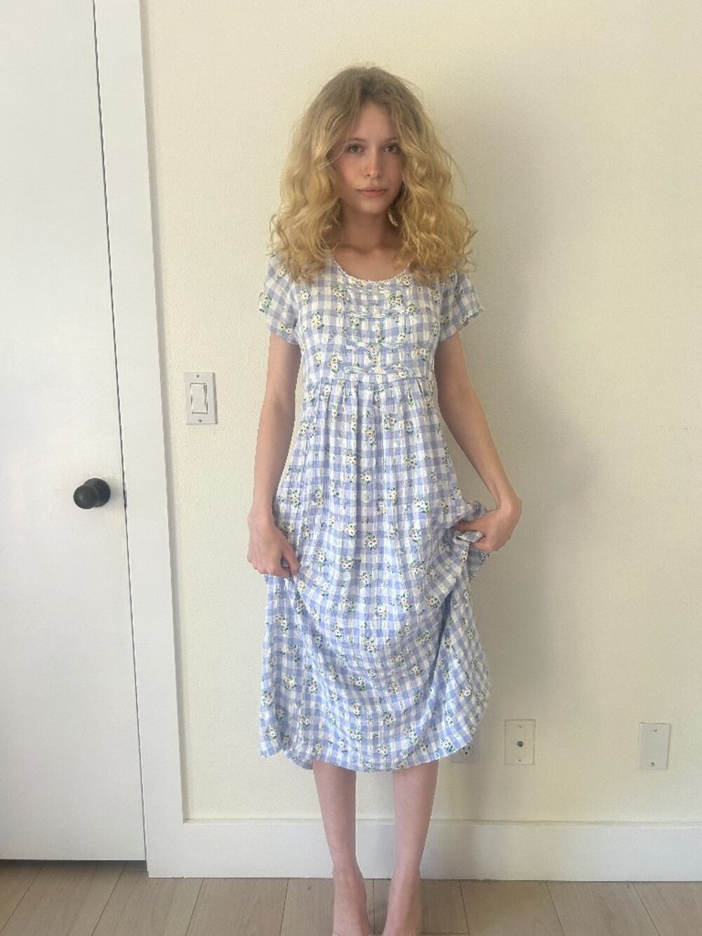 80s Gingham Dress (M) medium blue white vintage midi short sleeve twee cottage